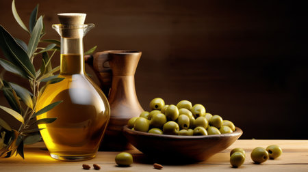Olive oil and olives on wooden table with copyspaceの素材