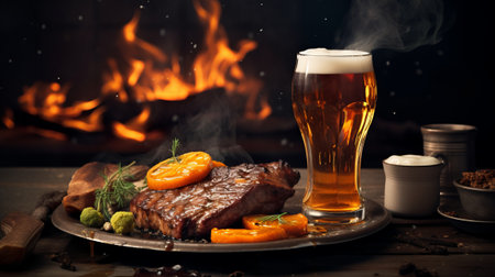 Grilled beef steak with a glass of beer on a wooden tableの素材