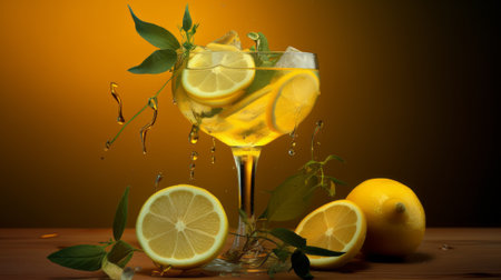 Cocktail with lemon and mint on wooden table on yellow backgroundの素材