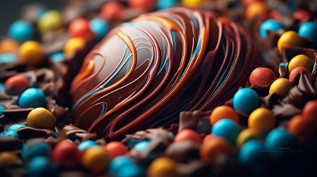 Chocolate Easter egg with colorful candies on dark background, closeupの素材