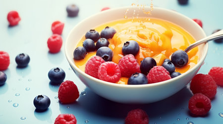 Pudding with fresh berries in a bowl on a blue background.の素材