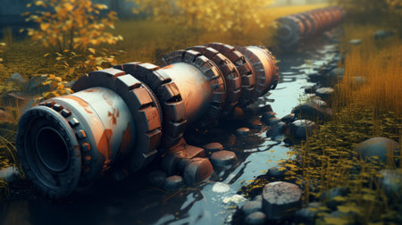 3D rendering of an industrial landscape with a stream and water pipesの素材