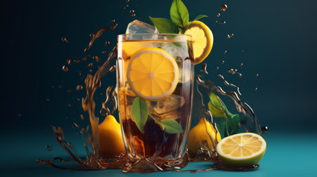 Glass of lemonade with ice cubes and lemons on blue backgroundの素材