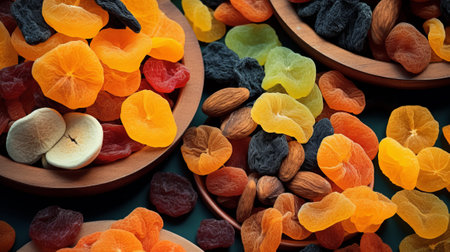 Dried fruits in wooden bowls. Dried apricots, raisins, cranberries, plums. Healthy food.の素材
