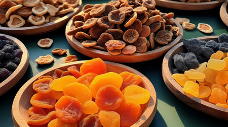 Assortment of dried fruits in bowls on table, close-upの素材
