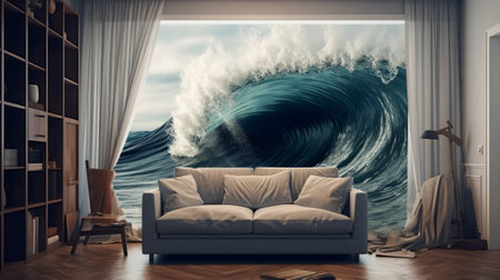 Surf wave in the living room. 3d rendering and illustrationの素材