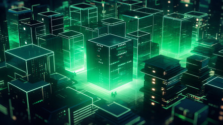 Data center with neon lights. 3d rendering toned image double exposureの素材