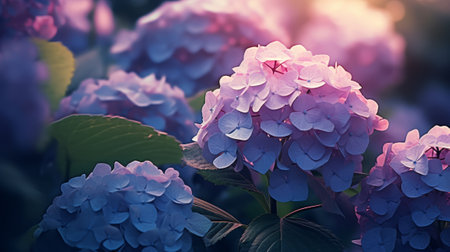 Hydrangea flowers blooming in the garden, vintage style.の素材