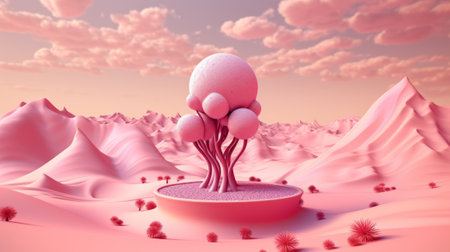 Abstract 3d rendering of surreal landscape with pedestal podium and spheres.の素材