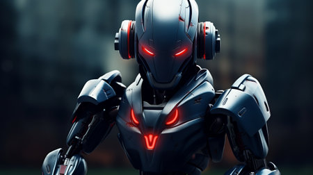 3d rendering robot or cyborg with headphones on the dark backgroundの素材