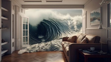 Surf wave in the living room. 3d illustration. 3d renderingの素材
