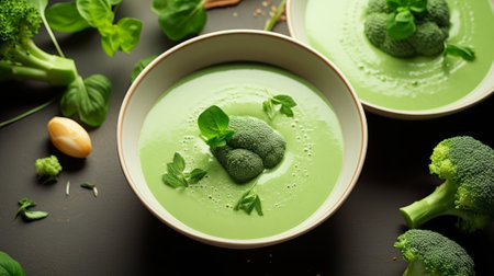 Spinach soup with broccoli and pistachios on black backgroundの素材