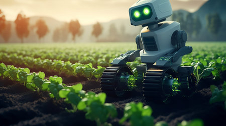 Robot with green light in the field. 3d rendering.の素材