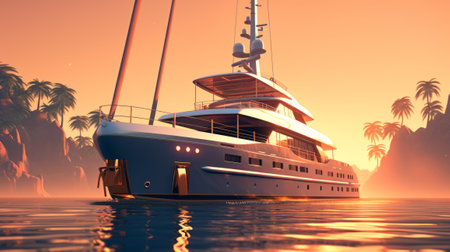 luxury yacht in the sea at sunset. 3d illustration.の素材