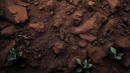 Red soil texture with green plant. Natural soil background. Top view.の素材