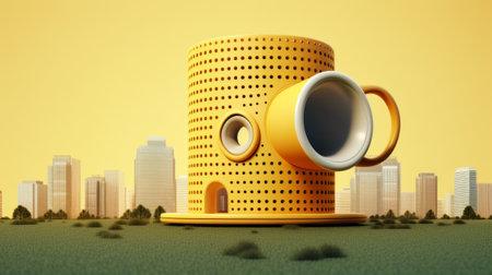 3d rendering of a yellow cup of coffee in the city.の素材