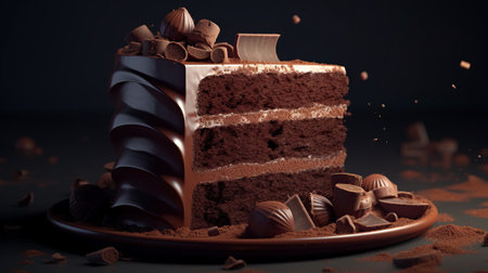 Chocolate cake with pieces of chocolate and cocoa powder on dark backgroundの素材