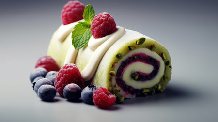 Swiss roll cake with raspberry, blueberry and pistachioの素材