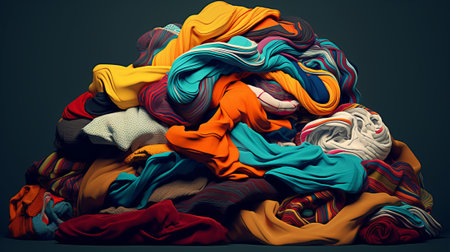 Pile of colorful woolen clothes isolated on dark background. Cloth pile.の素材