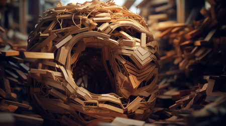 Wooden shavings in a warehouse. Woodworking industry.の素材