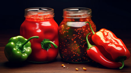 Red and green bell peppers in glass jars on a wooden table.の素材