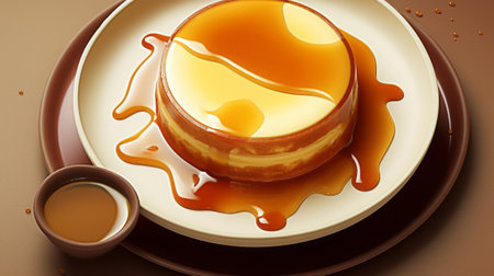 3d illustration of caramel custard pudding served on plate with coffeeの素材
