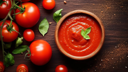 Tomato sauce in a wooden bowl with fresh tomatoes and basil on a wooden background.の素材