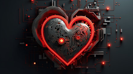 3d illustration of red heart on circuit board background. Love conceptの素材