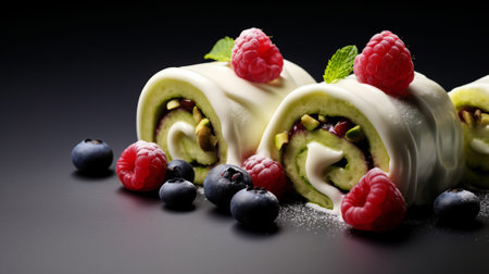 Strawberry roll cake with cream and fresh berries on black backgroundの素材