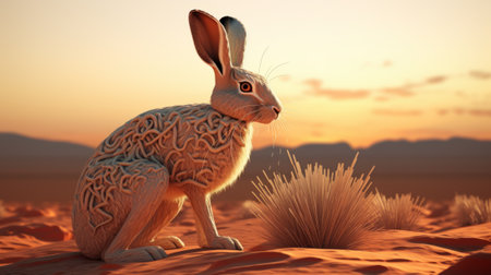 3d rendering of a hare in the desert at sunset timeの素材