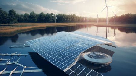 Solar panel and wind turbines on the lake. 3d rendering.の素材