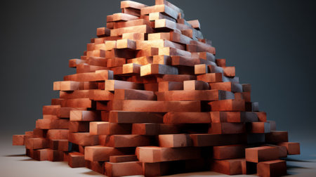 3d rendering of a pyramid made of wooden cubes on a gray backgroundの素材