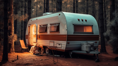 Camping trailer in a pine forest at night. 3d renderingの素材