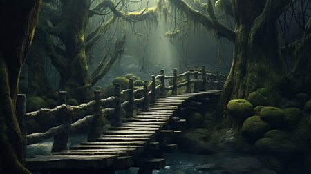 Wooden bridge in the forest. 3D render. Fantasy.の素材