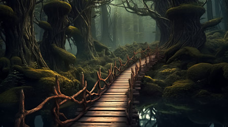 Fantasy landscape with wooden bridge in the forest. 3d renderの素材