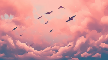 Colorful abstract background with birds flying in the sky. 3d renderingの素材