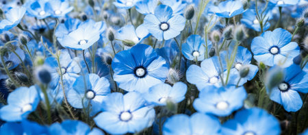 Beautiful blue anemone flowers in the field. Floral backgroundの素材