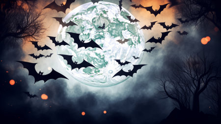 Halloween background with full moon and flying bats. 3D Renderingの素材