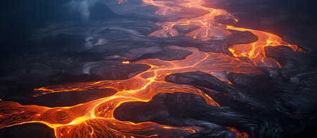 Volcanic eruption with lava flow. 3d render illustration.の素材