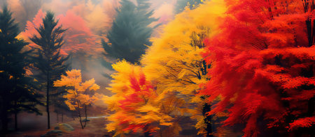 Autumn forest in fog. Colorful autumn trees in the forestの素材