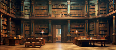 3d rendering of an old library with wooden floor and bookshelvesの素材