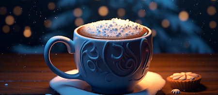 Cup of cappuccino on a wooden table in the snowfallの素材
