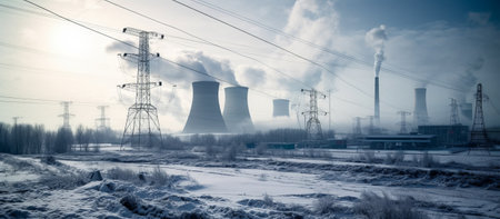 Nuclear power plant with cooling towers in winter, panoramic viewの素材