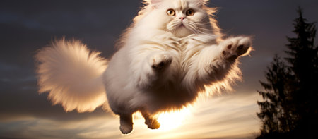 Persian cat jumping on the sky background. 3d rendering.の素材