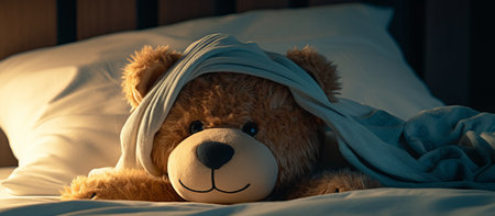 Teddy bear with a scarf on his head lying on the bedの素材