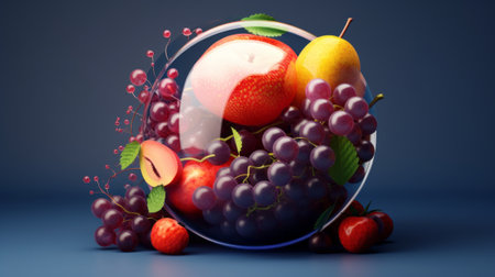 Fruits in a glass bowl on blue background. 3d illustrationの素材