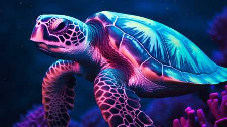 Green sea turtle in the ocean. 3D illustration. 3D CG. High resolution.の素材
