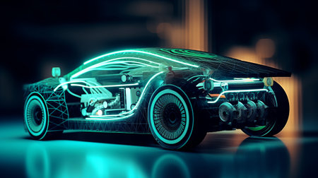 3D rendering of a futuristic car with neon lights in the backgroundの素材