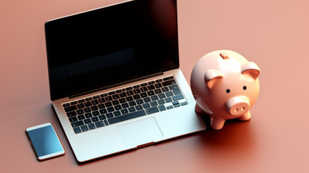 Piggy bank with a laptop on a pink background. 3d renderの素材