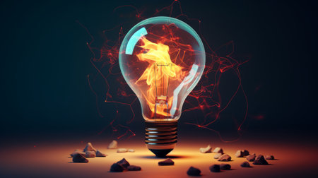 Glowing light bulb with burning fire inside on dark background. 3D renderingの素材